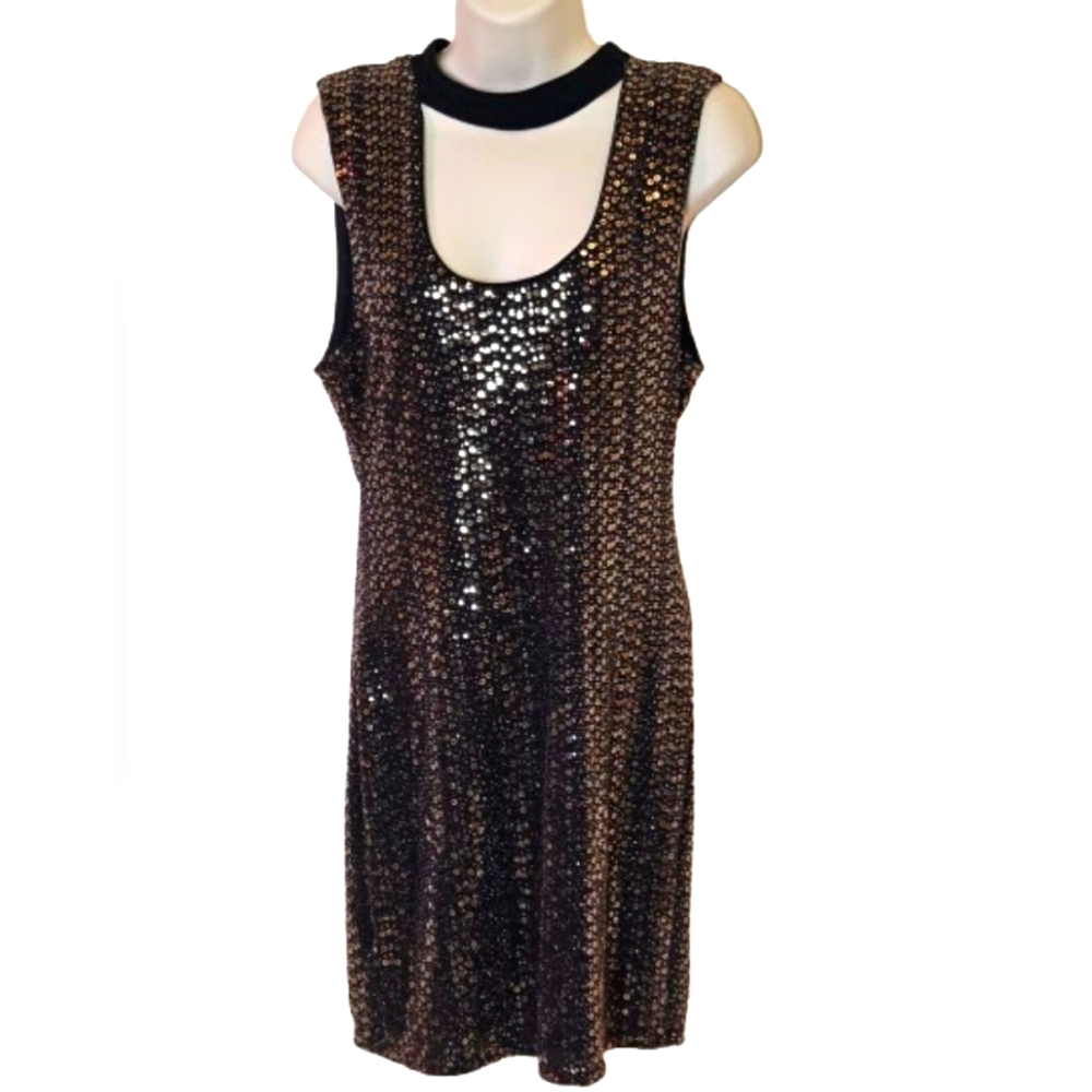 BCBG Generation Golden Bronze Sequin Sleeveless Cocktail Dress, Medium (Juniors)